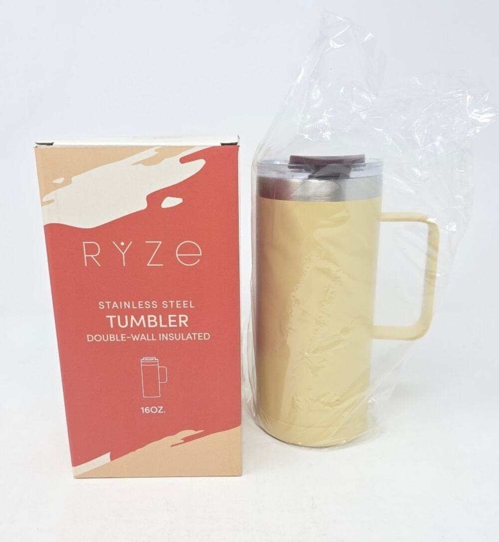 Ryze Mushroom Coffee Tumbler Stainless Steel Double Wall 16 OZ New Unused Beige
